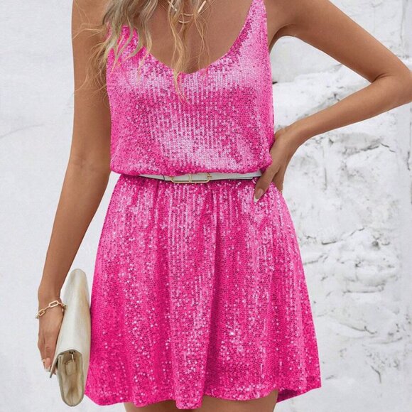 Hot Pink All Over Sequin Cami A-Line Mini Party Dress  Short - Picture 1 of 4